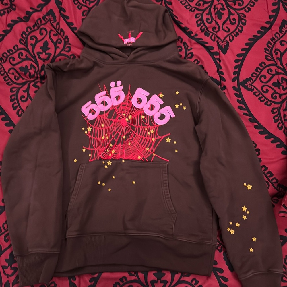 Brown and pink Sp5der hoodie